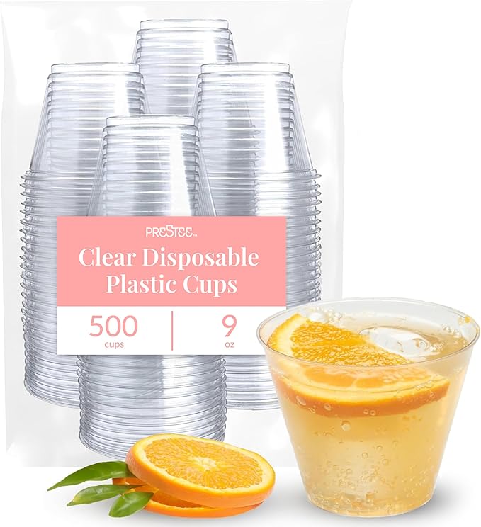 Prestee 500 Clear Plastic Cups - 9 oz Cocktail Cups for Parties and Events, Plastic Cocktail Glasses, Disposable Drinkware - Durable Drinkware, Bulk 500 Party Supplies
