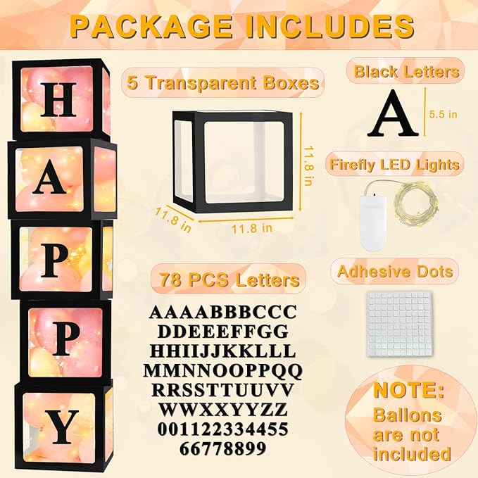 Ledido Transparent Balloon Boxes, Clear Balloon Boxes with 5 Pcs String Lights and 78 Letters for Baby Shower Gender Reveal Grad Birthday Party Anniversary Bridal Wedding Decor - 5 Black Boxes