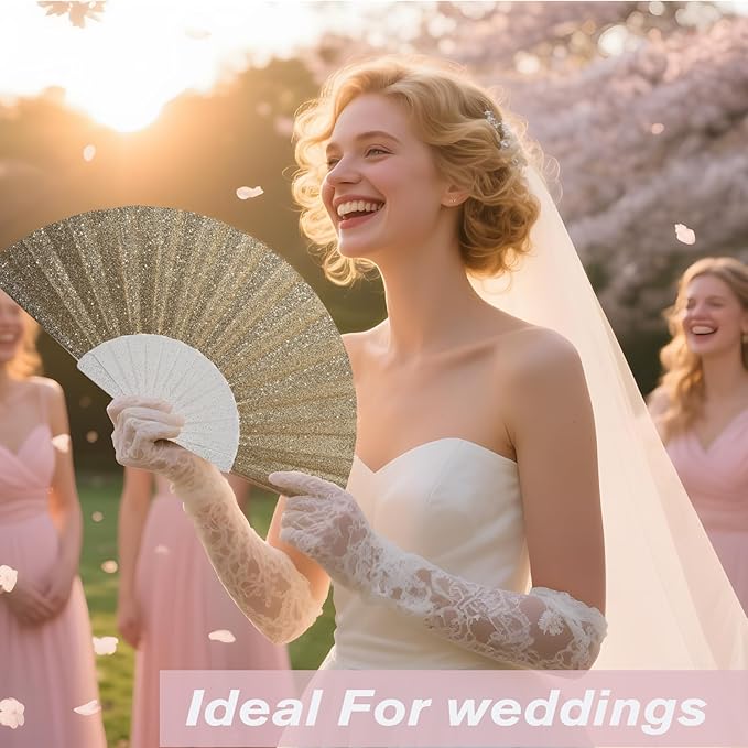 48 Pack Handheld Fan,Folding Hand Glitter Fan with Shining Transparent Fan Rib – Ideal for Wedding, Church, Festival, Dance, Tea Party, Club, and EDM Accessories, Light Gold