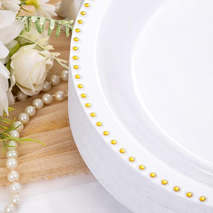 Rubtlamp 60Pcs White Gold Plastic Plates, White Disposable Plates With Gold Beaded, Heavyduty Plastic Plates Include 30 Dessert Platos, 30 Dinner Platos for Party