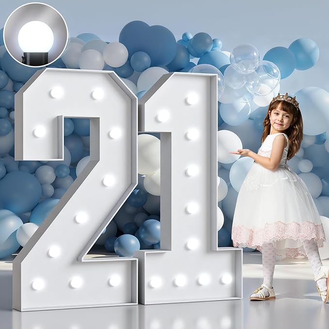 Marquee Numbers 4 Feet Tall Big Light Up Numbers 21st Birthday Decorations Women Men White Anniversary Party Decor Large Cardboard Prop Backdrop Sign 21