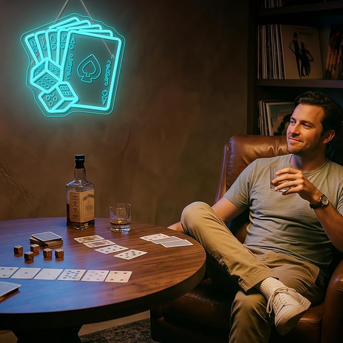 Gamerneon Blue Poker Neon Signs Dice Neon Signs Wall Decor Straight Flush Led Light for Bedrooms Bar Clubs Casinos Hotels Game Room Man Cave Party Decorations