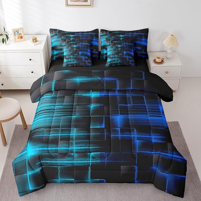 Feelyou Blue and TealBlue Comforter Set with Sheets 7 Piece King Size Kids Geometric Bed in a Bag Strip Lines Bedding Set Abstract Art Bed Set with Comforter, Sheets,Cushion Covers