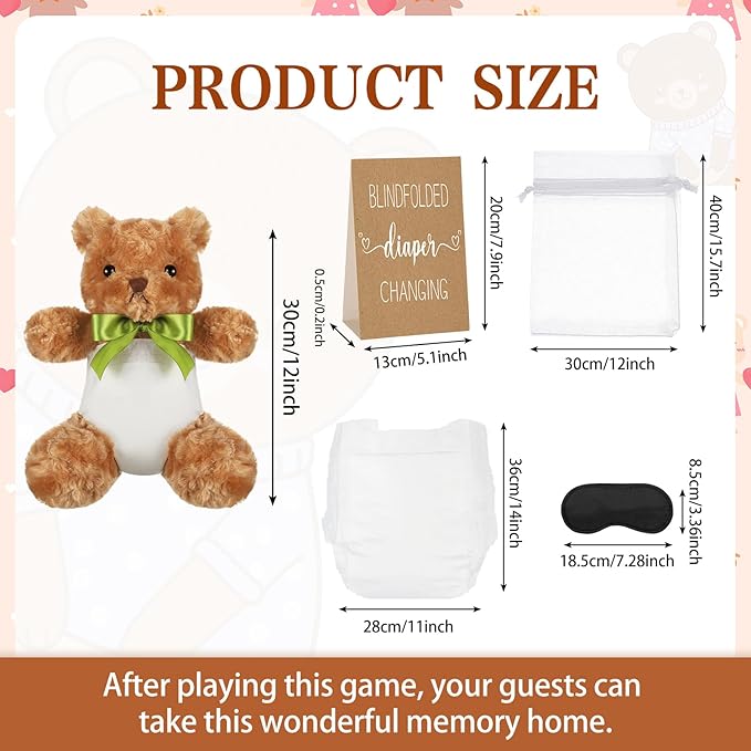 8 Set Bear Blindfolded Diaper Changing Baby Shower Games with Blindfold Changing 12 Inch Bear Dolls Diapers Gift Bags for Baby Shower Gender Reveal Raffle Party Game