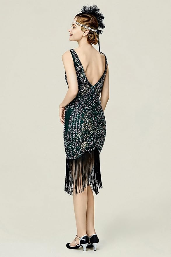 BABEYOND Flapper Dresses 1920s V Neck Beaded Fringed Great Gatsby Dress