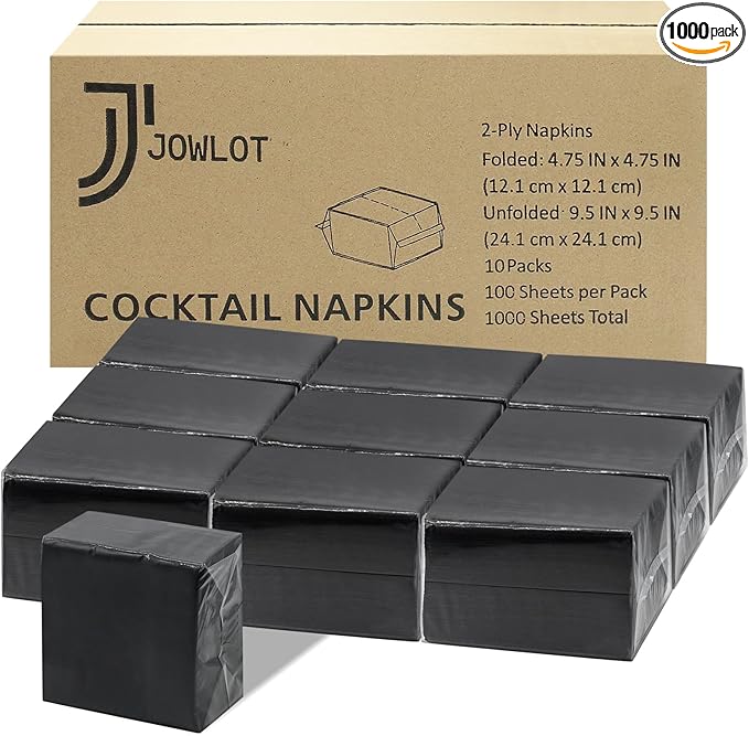 Cocktail Napkins - 1000 Count 2-Ply Black Napkins Disposable, 4.75 x 4.75 Inch Folded Paper Napkins Bulk Beverage Napkins for Dinner Wedding Bar Party and Everyday Use