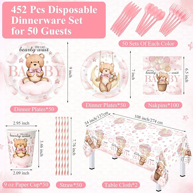 452 Pcs We Can Bearly Wait Baby Shower Decorations, Pink Bear Paper Plates Napkins Cups Tablecloth Cutlery Straws for Pink Baby Shower Gender Reveal Birthday Party Supplies, Serves 50