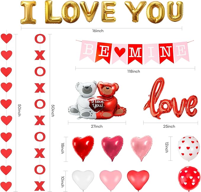 Auihiay Valentines Day Decorations Kit - 236 Inch Hearts LED String Lights, 2000 Rose Petals, XO Heart Garland, I LOVE YOU Light Board & Heart Foil Balloons for Valentine Proposal Wedding Anniversary