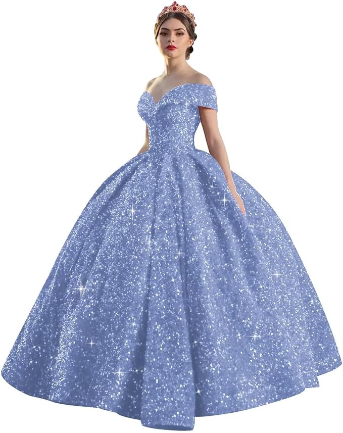 Quinceanera Dress Long Ball Gown Sparkly Sequin Off Shoulder V Neck Prom Dresses