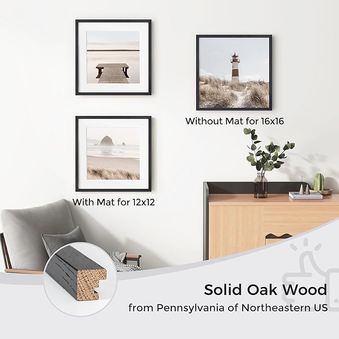 Axeman 16x16 Picture Frame with Mat for 12x12, Solid Oak Wood Square Picture Frame with Tempered Glass, Wooden Square Photo Frame 16''x16'' for Art Photo and Prints, Wall Hook Included, Black