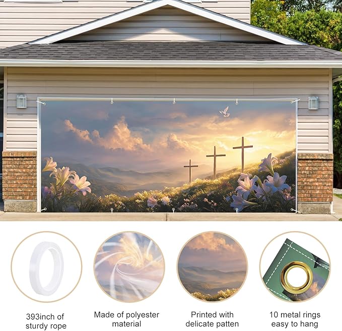 Easter Cross and Lilies Garage Door Banner 7x16FT, Religious Easter Decoration with Crosses and Lilies, Outdoor Spring Holiday Decoration for Yard and Garage