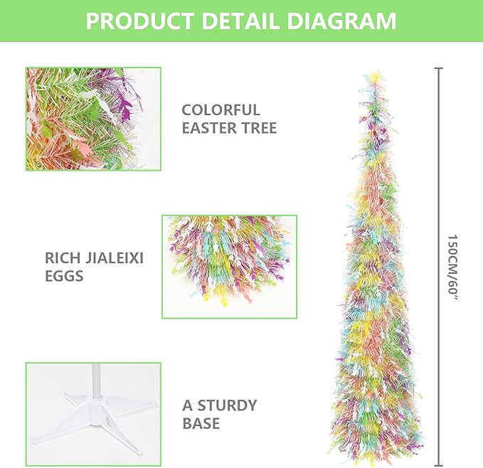 Easter Tinsel Tree, 5FT Artificial Pop Up Pencil Tree Decorations Spring Easter Flower Tabletop Decor for Home Party Birthday Holiday