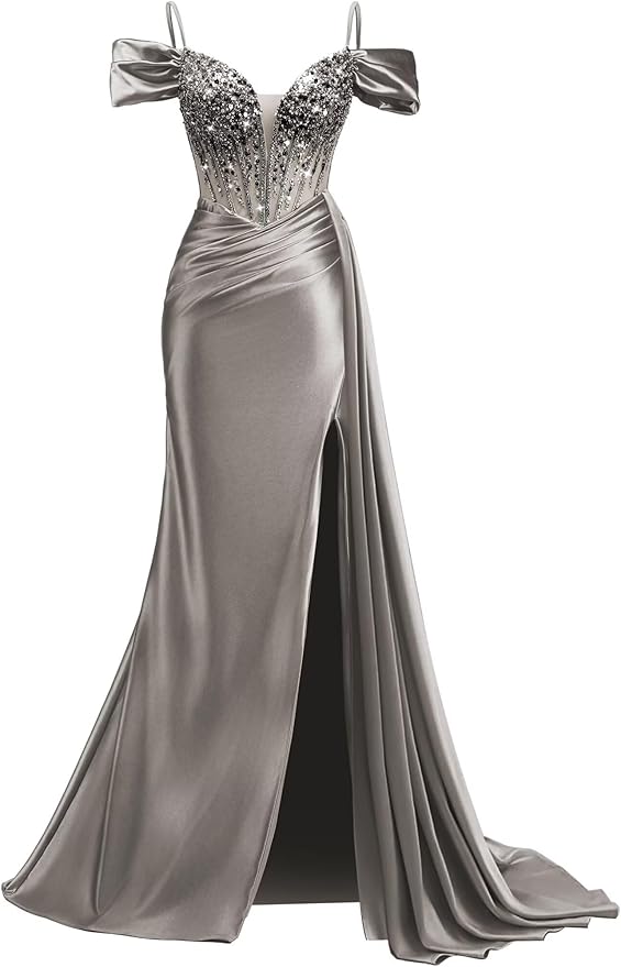 Rjer Off The Shoulder Satin Prom Dresses Long with Slit Tail 2026 Sequin Beaded Pleated Evening Ball Gown for Women Formal