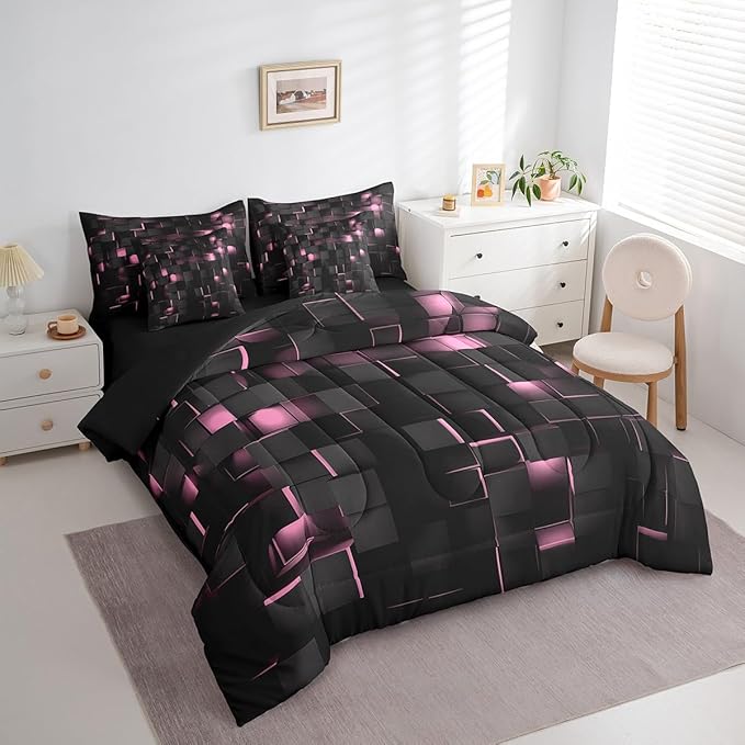 Feelyou Pink and Black Bedding Set Full Size Kids Light Geometric Comforter Set with Sheets 7 Piece Bed in a Bag forModern Bed Set with Comforter,Sheets,Pillowcases,Cushion Covers