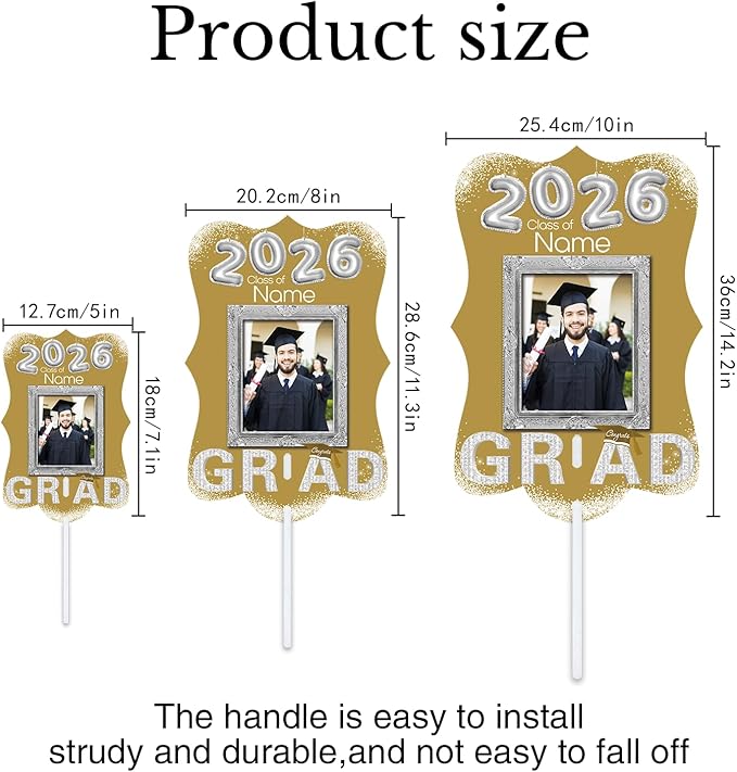 Personalized Graduation Double Sided Face Fan Class of 2026 Customized Graduation Head Face Cutout with Handle Fun Photo Prop Supplies(A-Champagne and Silver,12pcs)