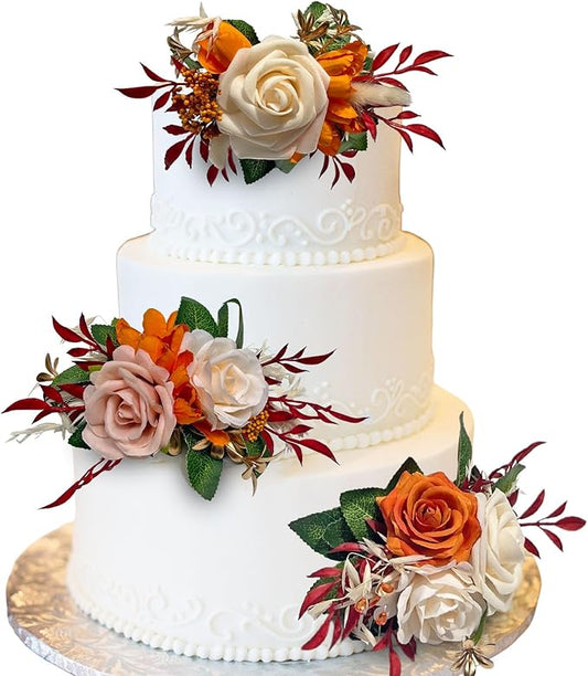 CherishedMoments 3Pcs Cake Topper Set, Artificial Flowers Decor Red Orange Cake Topper Decorations for Ceremony, Anniversary, Fall Vintage Wedding