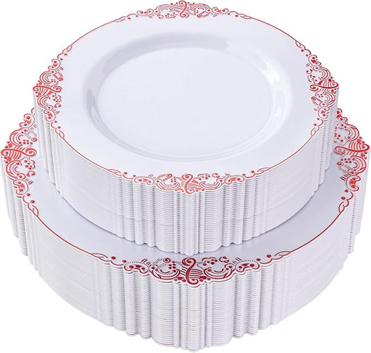 Nervure 100Pcs White and Red Plastic Plates - Heavyweight Red Disposable Plates - Plastic Plate Include 50Pcs 10.25inch Dinner Plate & 50Pcs 7.5inch Dessert Plate for Wedding & Party