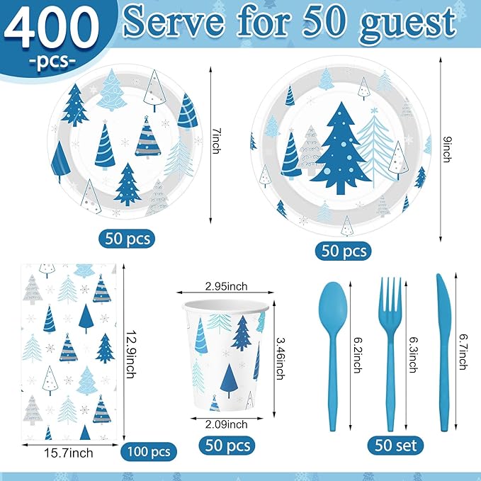Pickmesh 400 Pcs Winter Party Supplies Blue Silver Xmas Tree Snowflake Disposable Paper Plates Napkins Cups Cutlery for Christmas Xmas Birthday Party Table Decorations Serve 50