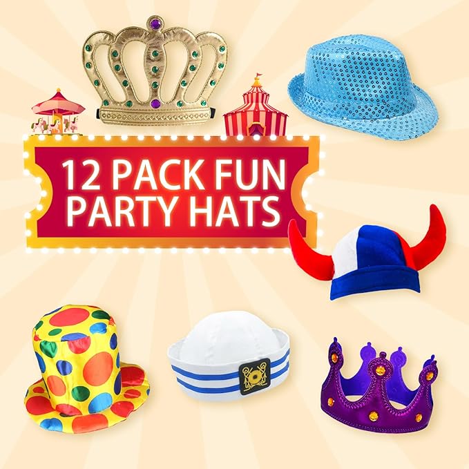24 Funny Hats and Glasses For Photo Booth Props, 12 Assorted Crazy Party Hats, 12 Funny Party Sunglasses, Novelty Hat, Dress Up Costume Hat Accessories, Silly Hats & Novelty Glasses for Adults