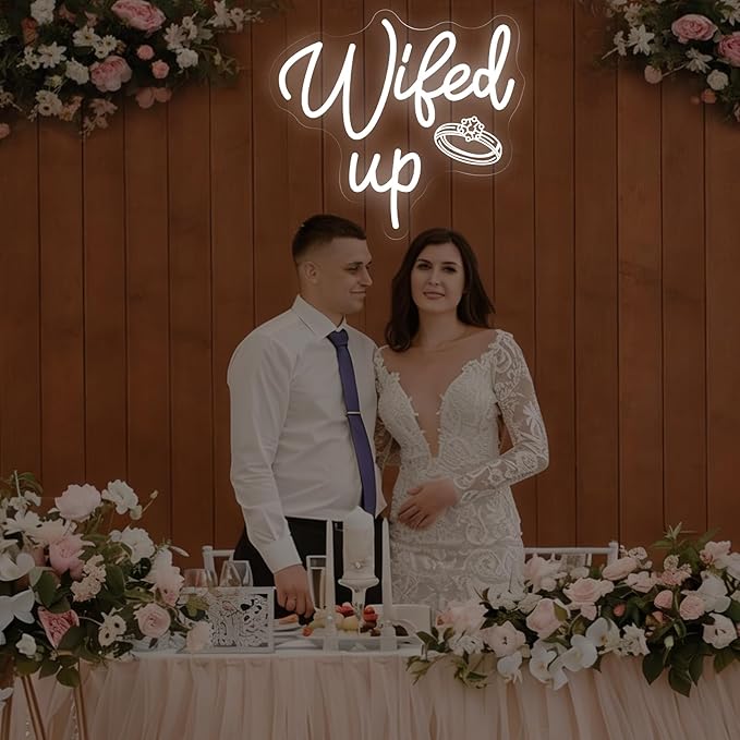 Wifed Up Neon Sign, Funny Romantic LED Light with Engraving Ring for Valentine's Day, Wedding Decor Sign, Bedroom, Party Decor, Couple Space 11.8″ × 10.6″