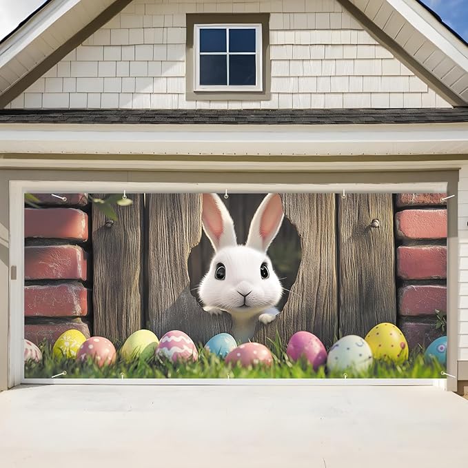 Easter Bunny Peeking Through Fence Garage Door Banner 7x16FT, Cute Bunny & Colorful Eggs, Outdoor Spring Decoration for Easter & Holiday Season