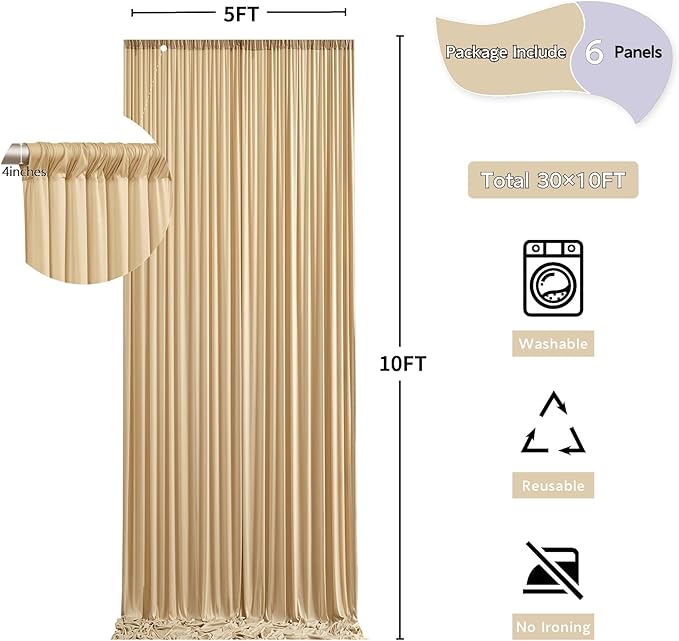 30 ft x 10 ft Wrinkle Free Champagne Backdrop Curtain for Parties, 6 Panels 10ft Polyester Champagne Photo Backdrop Drapes for Graduation Birthday Wedding Party Stage Curtains