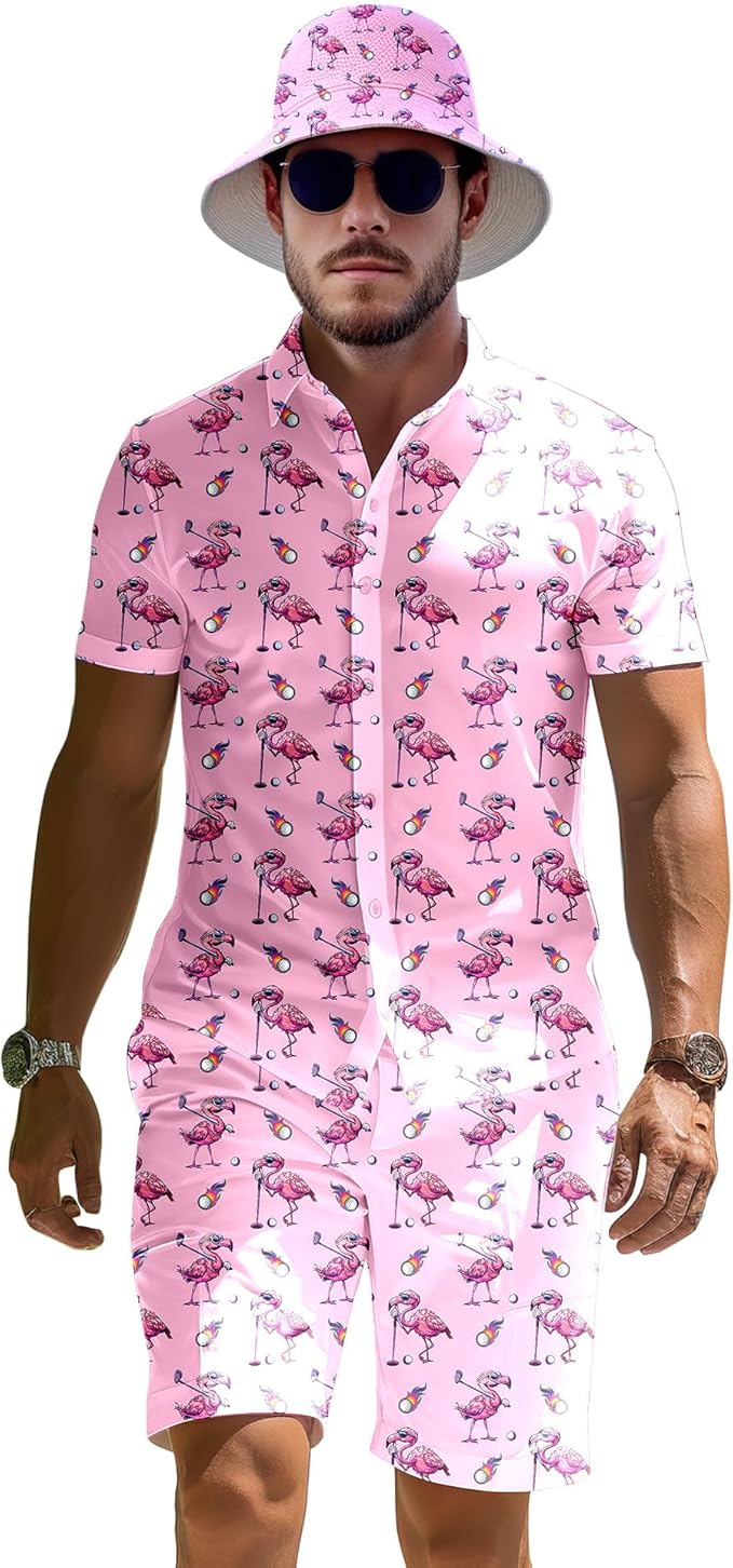Men's 2 Piece Tracksuit 80s 90s Outfit Button Down 80s Shirts and Shorts Sets with Bucket Hats
