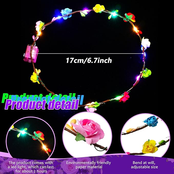 Syhood 40 Pcs LED Flower Headband, Light up Flower Crown Garland Headdress Floral Headpiece for Women Hair Accessories Bridal Shower Holiday Birthday Wedding Party(Plum Blossom Style)