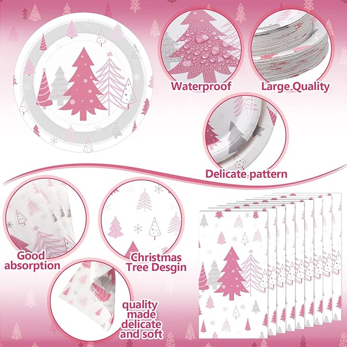 Pickmesh 400 Pcs Pink Winter Party Supplies Silver Xmas Tree Snowflake Disposable Paper Plates Napkins Cups Cutlery for Winter Xmas Christmas Birthday Party Table Decorations Serve 50