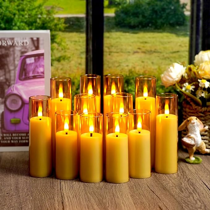Small Flickering Flameless Candles, Battery Operated Acrylic LED Pillar Candles with Remote Control and Timer, Pack of 12,(D1.6 xH 4" 5" 6") for Holiday Decorations Home Decorations (Gold)