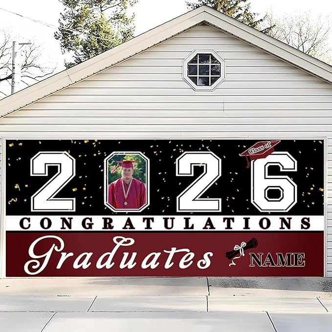 Custom Graduation Garage Door Banner Decoration 7x16ft with Photo Congrats Garage Door Cover 2026 Party Photo Booth Backdrop Party Supplies(Maroon)