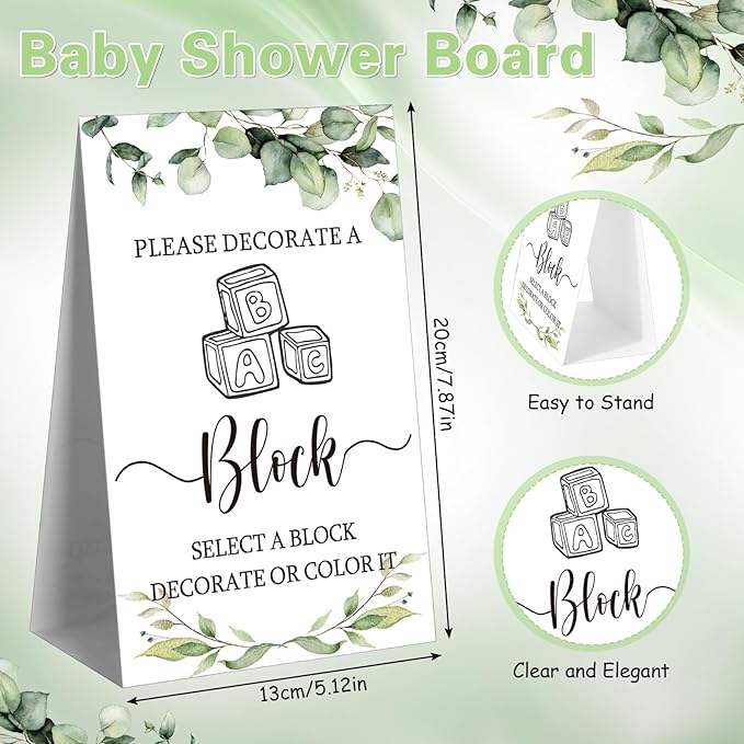 Marsui 136 Pcs Baby Shower Blocks to Decorate Game Kit Includes 98 Wooden Blocks, 36 Markers, 1 Game Sign, 1 Storage Box for Baby Shower Gender Reveal Activity Party Decorations(Leaf)