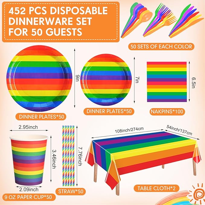 452 Pcs Rainbow Pride Party Decorations Include Rainbow Disposable Paper Plates Napkins Cups Tablecloth Cutlery Straws Colorful Stripe Party Supplies for Birthday Graduation Pride