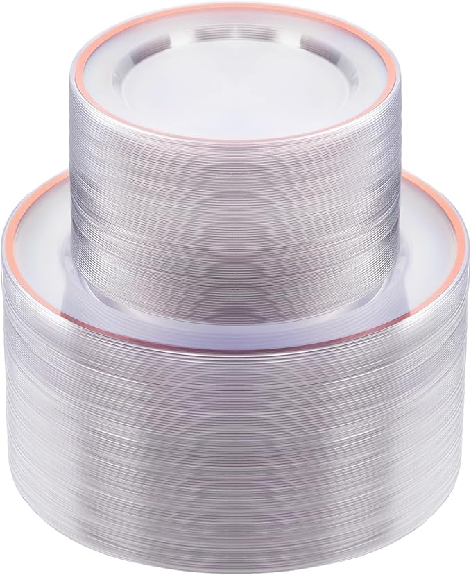 BESTSTAR 200PCS Rose Gold and Clear Plastic Plates, Rose Gold Disposable Plate Set with 100 Dinner Plates and 100 Dessert Plates for Party