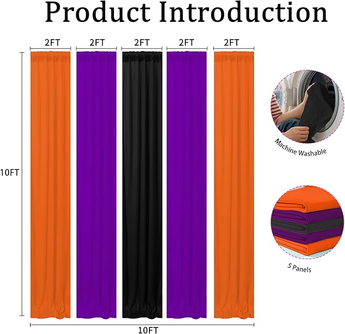 Halloween Backdrop Curtain - 10×10ft Black Orange Purple Party Background Decor for Spooky Parties, Photo Booths, Home Haunted House, Reusable Holiday Wall Decoration for Adults Teens