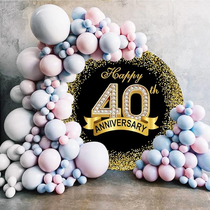 5x5ft Happy 40th Anniversary Round Backdrop Cover Black Gold Happy 40th Years Wedding Anniversary Party Theme Decor Circle Backdrop Background Luxurious Gold Diamond Dots Banquet Decor Prop