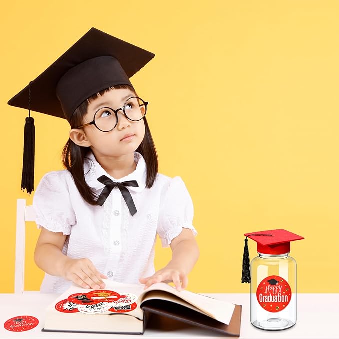 Boao 16 Sets Graduation Table Decoration Set with LED Light up Graduation Decorations for Class of 2026, Grad Jar, Felt Grad Hat and Stickers for High School College(Red)