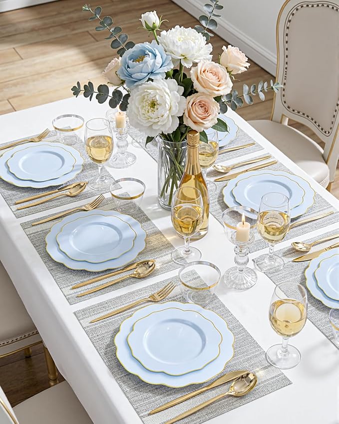 bUCLA 180PCS Blue Plastic Plates - Disposable Light Blue with Gold Rim - Include 30 Each (Dinner & Salad) Plates, 30 Knives, 30 Forks, 30 Spoons, 30 Cups for Party, Birthday & Shower