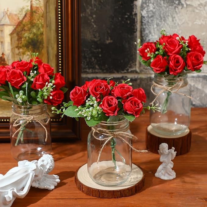 XunYee 10 Set Mason Jar Table Centerpiece with Flower Mason Jar Flower Centerpiece Vases Decor for Engagement Party Bridal Shower Centerpieces Wedding Reception Table Decor(Red Rose)