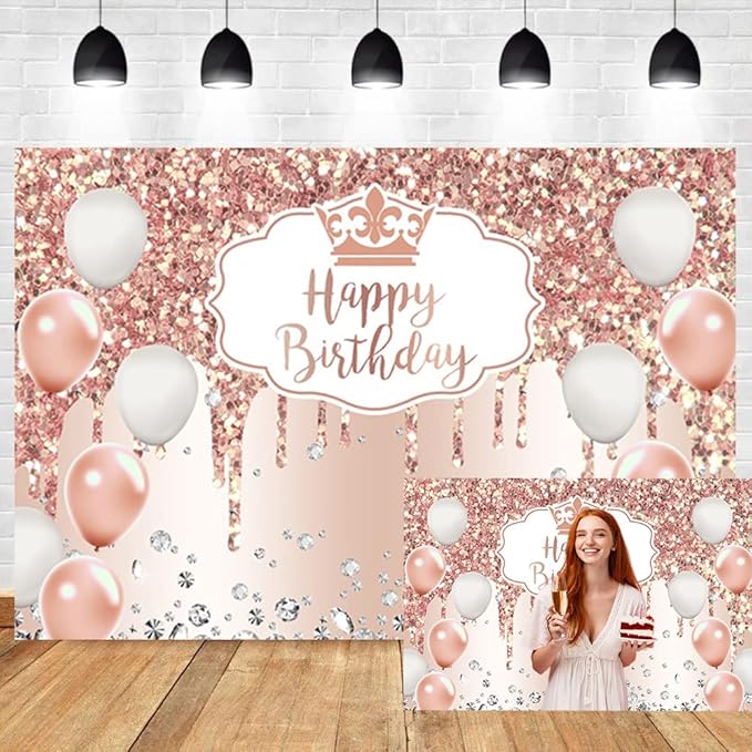 OERJU Rose Gold Birthday Backdrop Pink Glitter Sequin Diamonds Happy Birthday Backdrop for Women Girls Sweet 16 18th 21st 30th Birthday Party Decorations Background Cake Table Banner 15x10ft