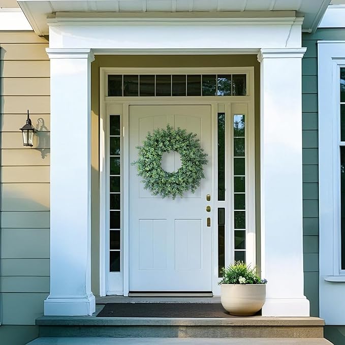 26'' Large Boxwood Wreath for Front Door, Porch, Window- Artificial Boxwood Leaves Greenery Outdoor Wreath for Home, Farmhouse Wall Decor- Spring, Summer, Fall, All Seasons (Green)