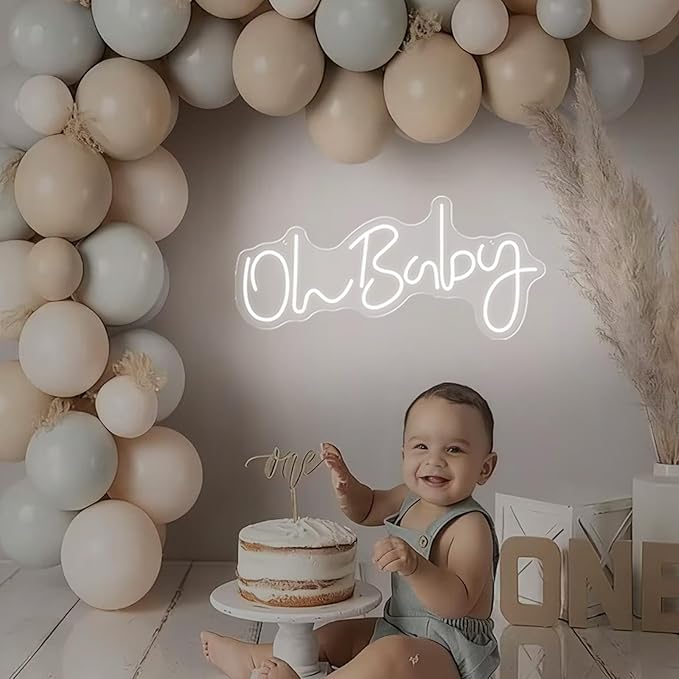 Oh Baby Neon Sign for Backdrop Wall Decor, Baby Shower LED Neon Light for Wall Decor, 19.6×8.6 Inch Large Size, USB Powered for Party Decorations & Night Lighting, Birthday Wedding Bar (White)