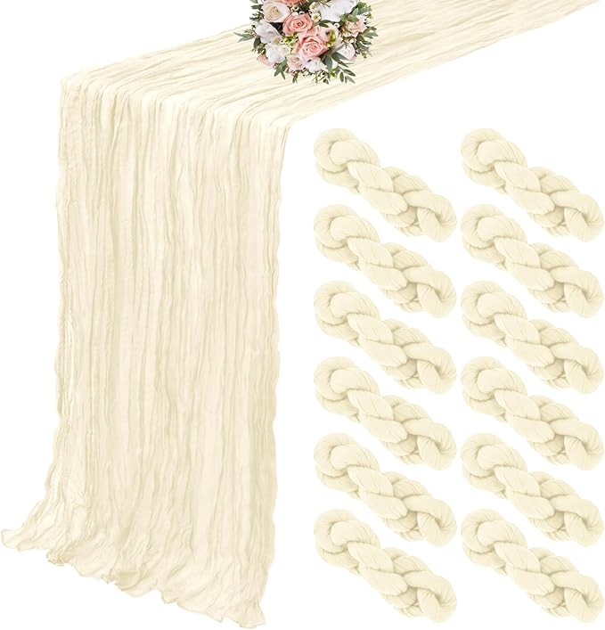 12 Pack Cheesecloth Table Runner 20 x 120 inch Cheese Cloth Table Runner Bulk,Romantic Boho Sheer Gauze Fabric Table Runners for Wedding Reception,Party,Bridal Shower Table Decor(Ivory)