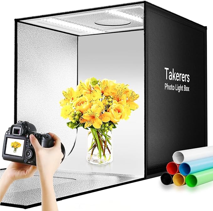 Photo Light Box Photography, Takerers Bi-Color Dimmable 24 x 24 inch Background Studio Shooting Tent Kit, 6 Color Backdrops, 3000-5600K Lighting Booth,Foldable Picture Lightbox