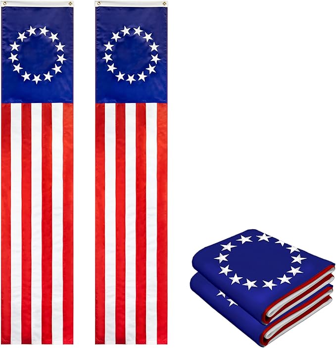 G128 – 2 Pack: Betsy Ross American Patriotic Bunting & Flag Pulldown, 13 Embroidered Stars in Circle Pattern with 5 Fully Sewn Stripes, decorative bunting, 20" x8', Red/White/Blue