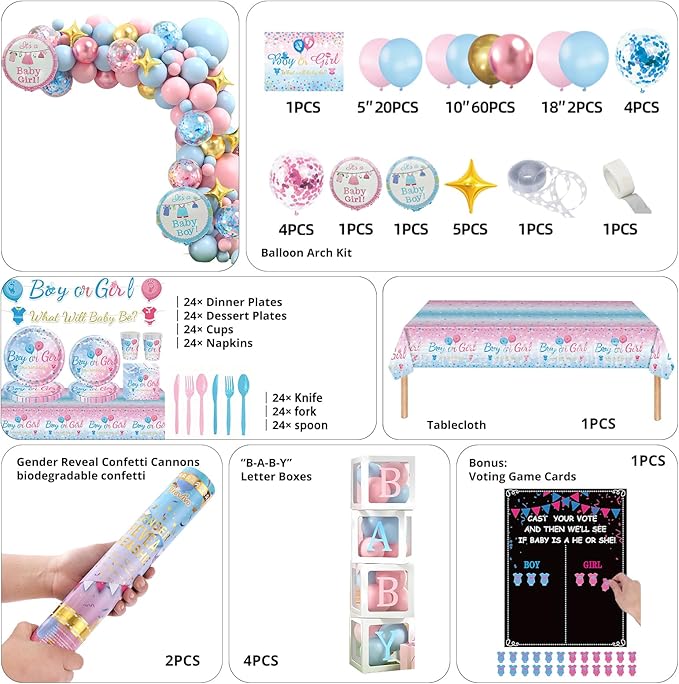 Gender Reveal Decorations Kit, Baby Gender Reveal Balloon Set with Confetti Cannons & Tableware for Boy or Girl Baby Shower (Pink)