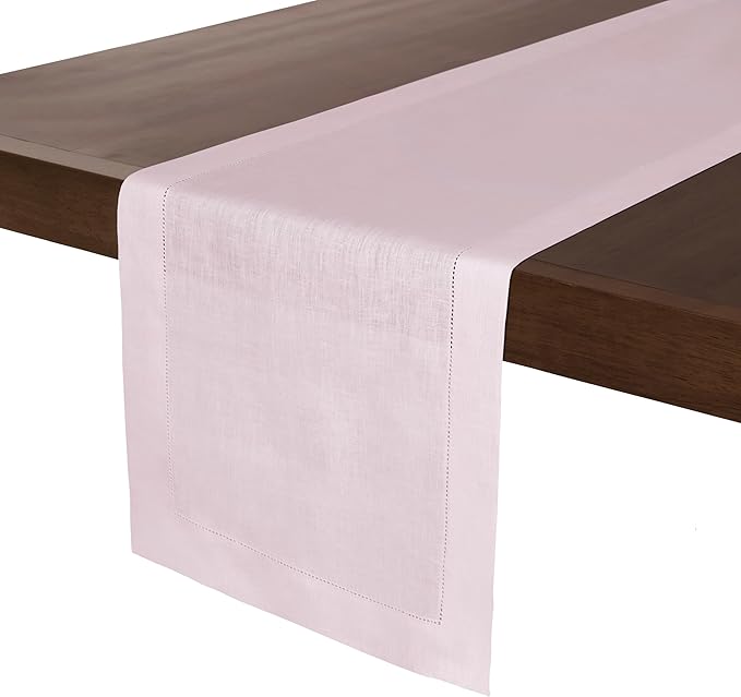 D'Moksha Homes Linen Pastel Pink Table Runner 120 Inches Long - 100% Pure Linen Hemstitch 14 x 120 Inch Table Runner for Dining, Valentines, Spring, Easter - Classic Hemstitch