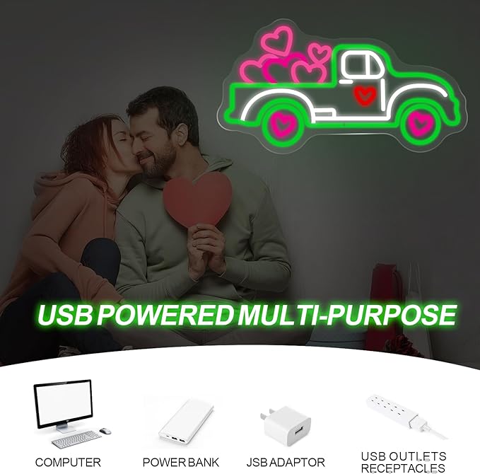 Truck With Hearts Neon Sign - 5-Level Dimmable USB Valentine's Day Decor & Heart Neon Signs, Ideal for Weddings, Party Setups, Shop Walls, Romantic Bedroom Wall Art