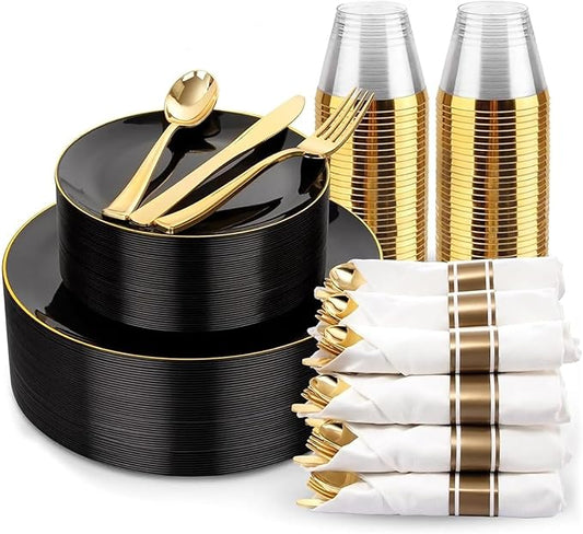 KIRE 175Pcs Black Plates Disposable - Heavy Duty Black and Gold Plastic Plates- 25 for Dinner 25 for Dessert 25 Pre Rolled Gold Silverware and 25 Cups for New Year/Birthday Party