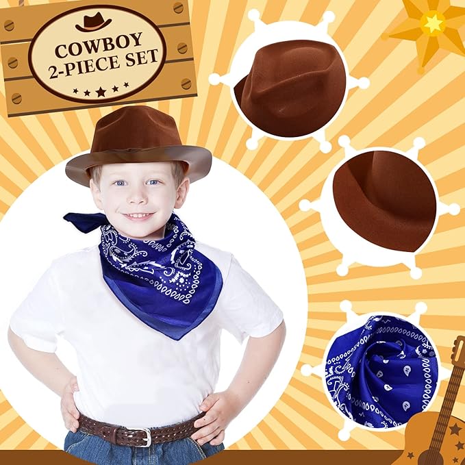 Hillban 72 Pcs Western Cowboy Hat and Paisley Bandana Set for Kids Felt Cowboy Party Hats for Costume Party Favors(Brown)